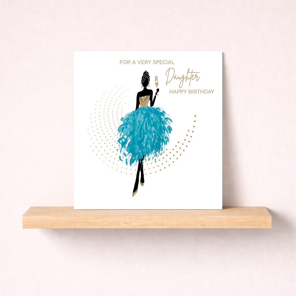 Stylish woman in blue dress with wine glass on elegant greetings card. Perfect for special occasions.