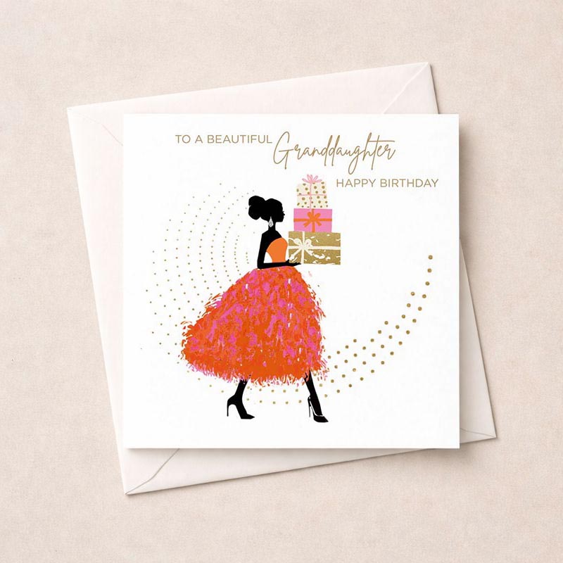 Charming greetings card with woman in pink dress holding cake. Ideal for birthdays or anniversaries. Beauty and sweetness in soft colours.