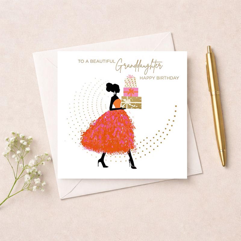 Charming greetings card with woman in pink dress holding cake. Ideal for birthdays or anniversaries. Beauty and sweetness in soft colours.