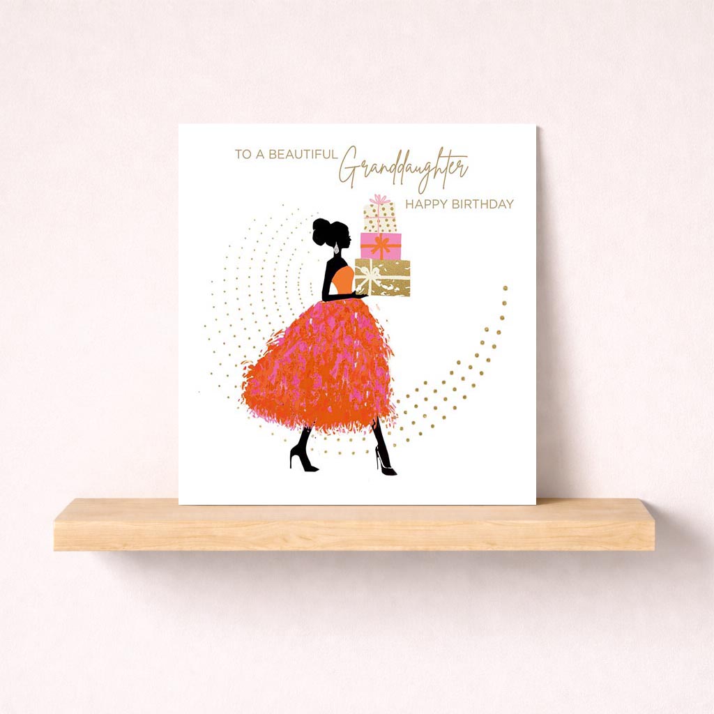 Charming greetings card with woman in pink dress holding cake. Ideal for birthdays or anniversaries. Beauty and sweetness in soft colours.