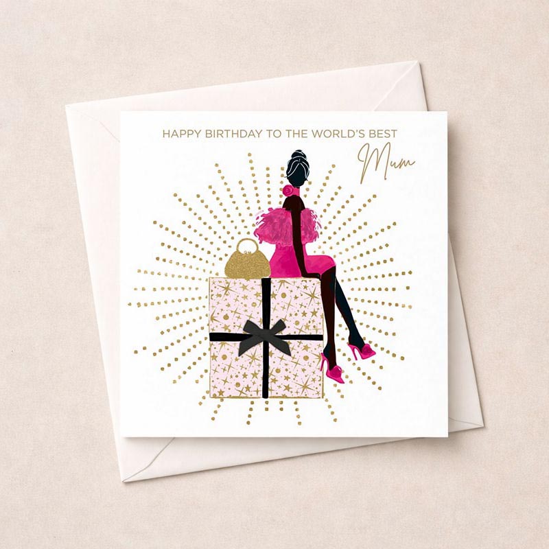 Stylish woman sitting on present, pink accents, high heels, trendy design. Perfect for fashionable mum. Show love and appreciation.