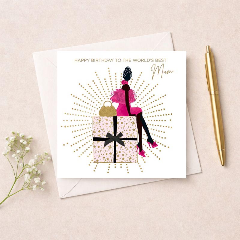 Stylish woman sitting on present, pink accents, high heels, trendy design. Perfect for fashionable mum. Show love and appreciation.