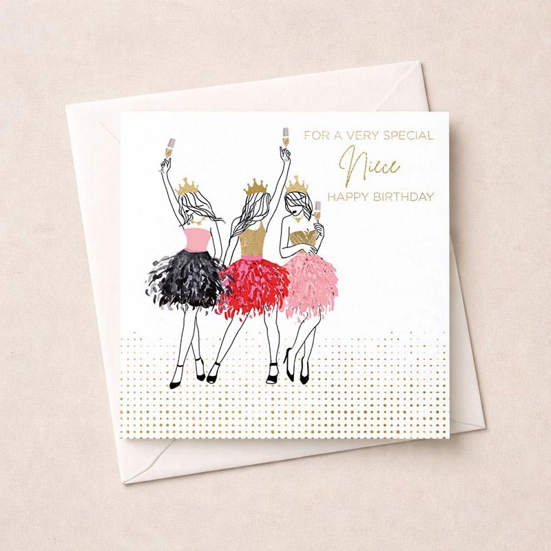 Three elegant ladies in beautiful dresses, each holding a champagne glass, exuding sophistication and joy. Perfect for birthdays or congratulations.