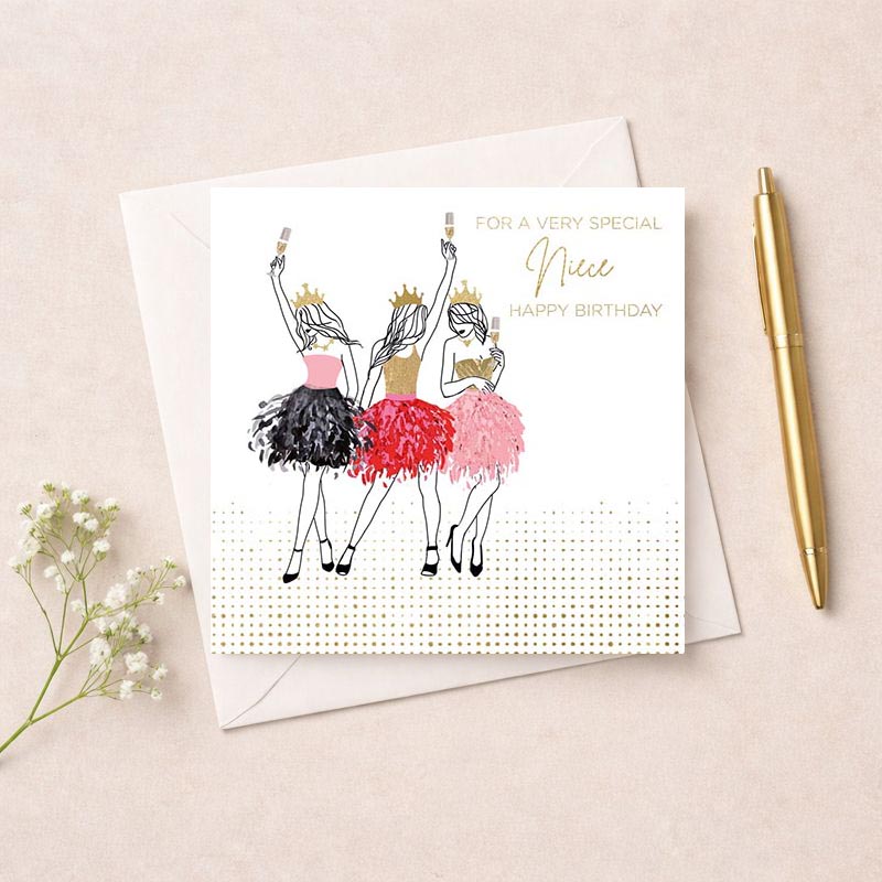 Three elegant ladies in beautiful dresses, each holding a champagne glass, exuding sophistication and joy. Perfect for birthdays or congratulations.
