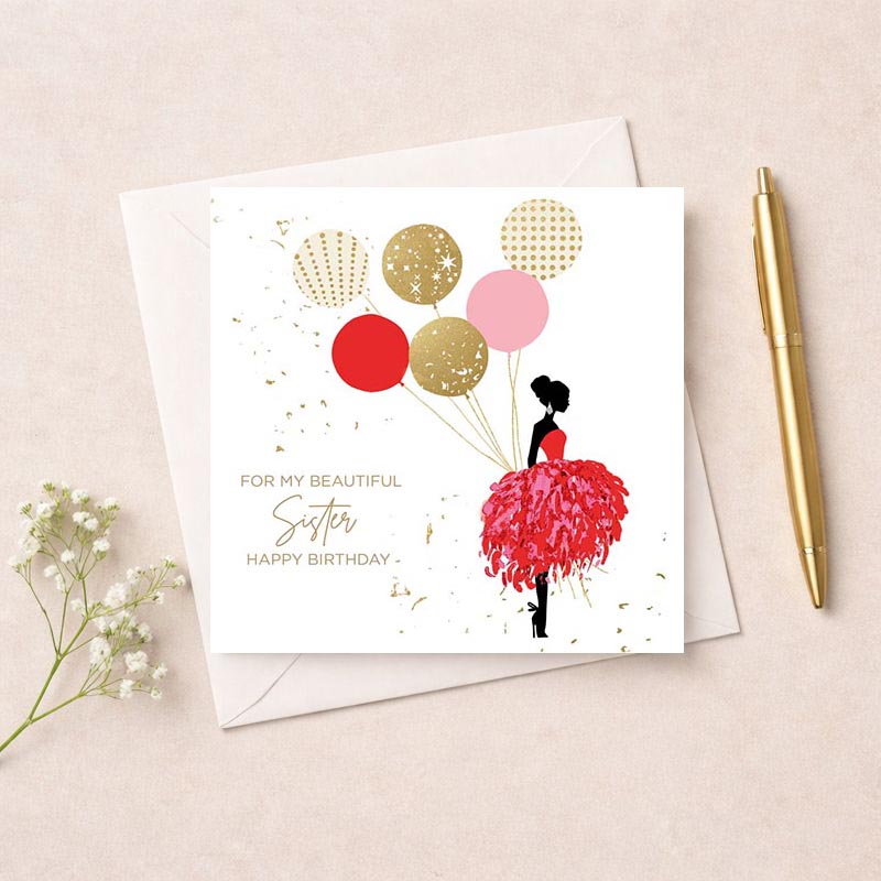 Colourful greetings card with woman in red dress holding balloons, perfect for birthdays or special occasions.