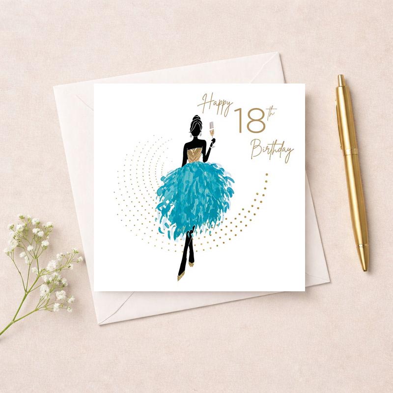 Woman in blue dress holding champagne glass on elegant greetings card, perfect for birthdays, anniversaries, or congratulations.