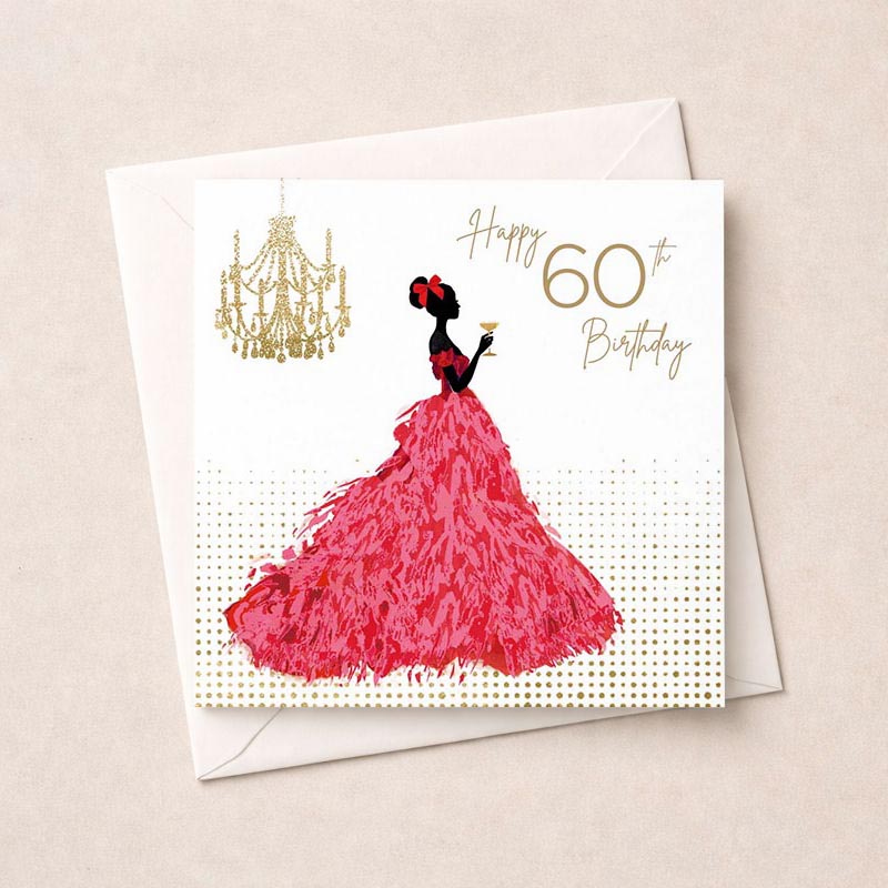 Charming greetings card featuring a lady in a pink dress holding a glass of wine. Perfect for birthdays or congratulations. Sophisticated and glamorous design. Ideal for those who appreciate elegance and style. Sure to bring a smile to their face. Make their day extra special with a personal message inside.