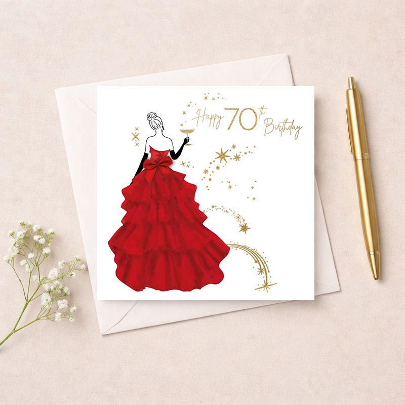 Stylish greetings card with woman in red dress holding wine, festive gold stars. Perfect for any occasion. Chic, luxurious, and celebratory. Cheers!