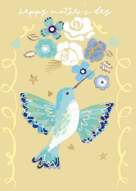 Bird & Flowers Colorful hummingbird holding flower on pastel background - perfect for spreading love and well wishes.