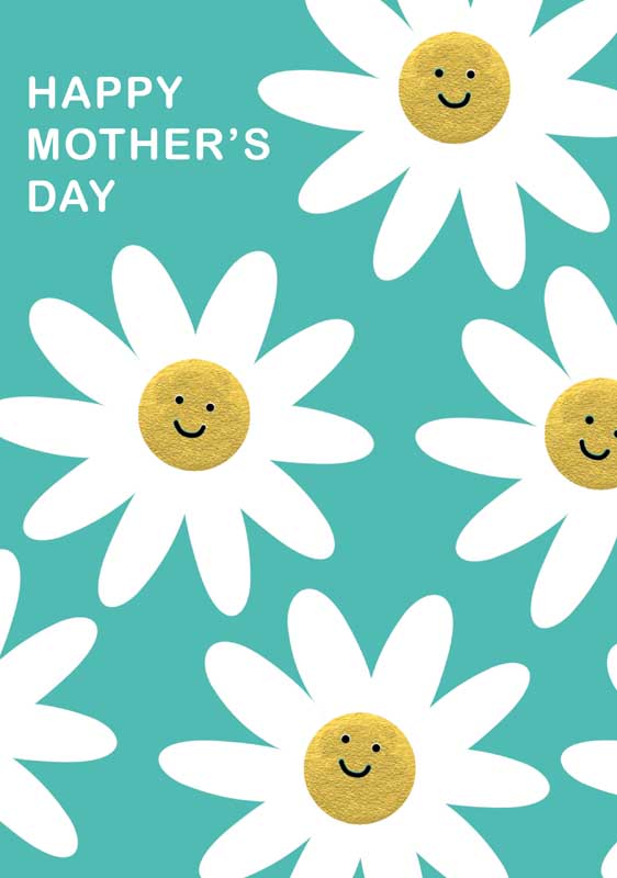 Daisies Cheerful daisy greetings card for Mother's Day, featuring a smiling white flower on a blue background.