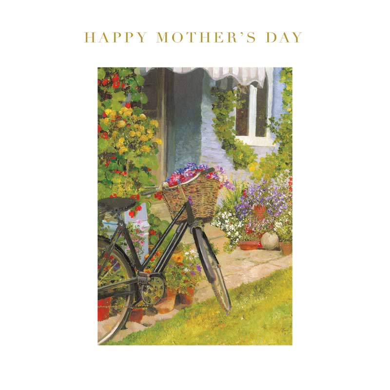 Bicycle In Cottage Garden Charming greetings card with bicycle and flowers, perfect for Mother's Day.