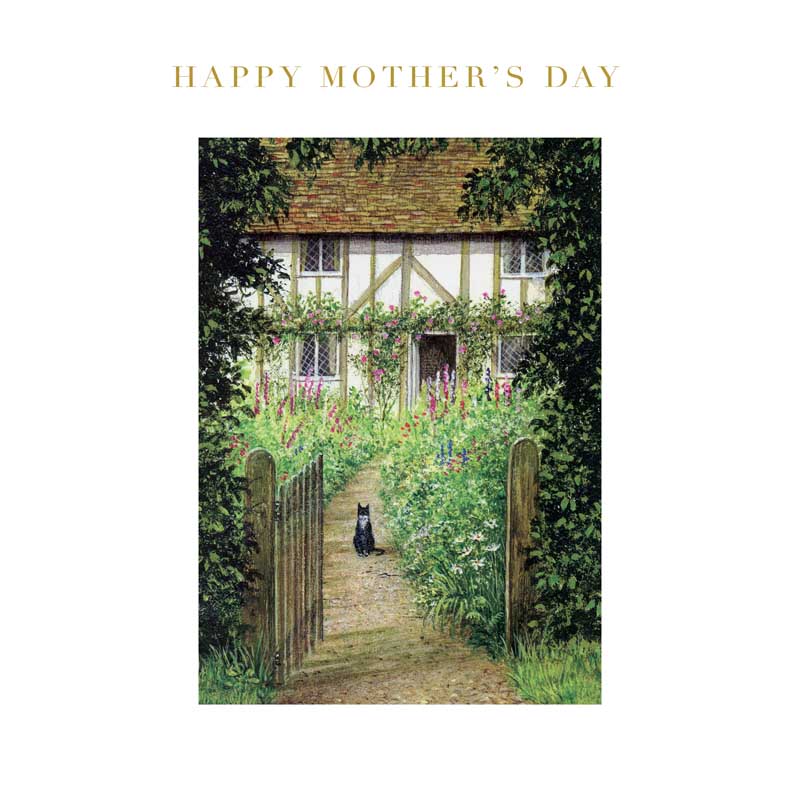 English Cottage Charming Mother's Day card featuring a black cat in a serene garden by a quaint gate.