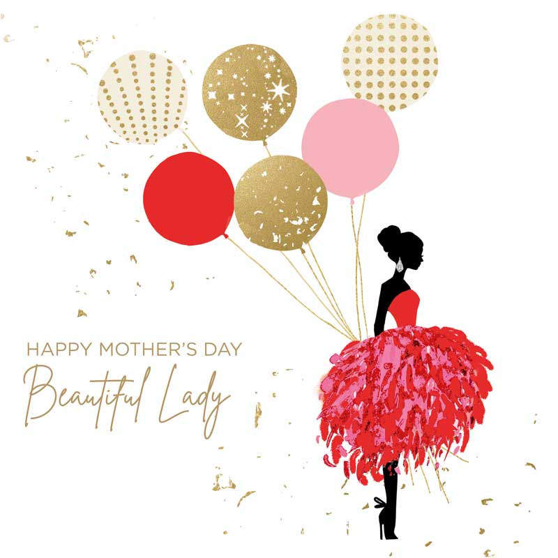Beautiful Lady With Balloons Charming woman in red dress holding whimsical balloons on greetings card