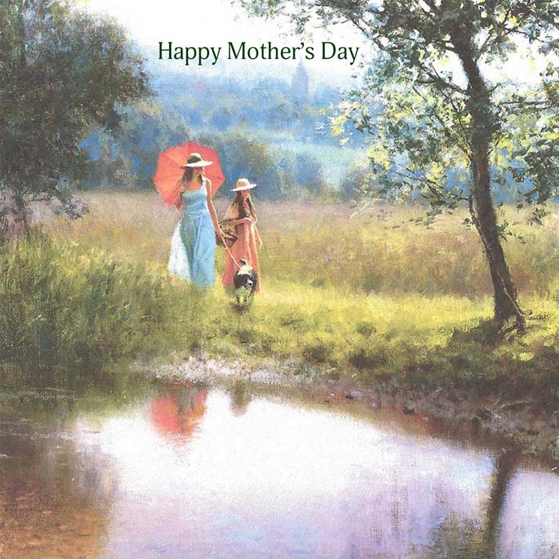 Ladies Strolling Mother and daughter walking by pond with dog on greetings card.
