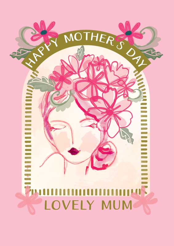 Lady With Pink Hair Elegant greetings card with woman and flowers, perfect for Mother's Day or birthdays.