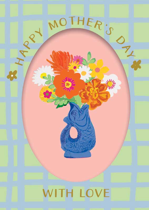 Fish Jug With Flowers Colorful flower-filled vase on pink background, ideal for spreading love and positivity.