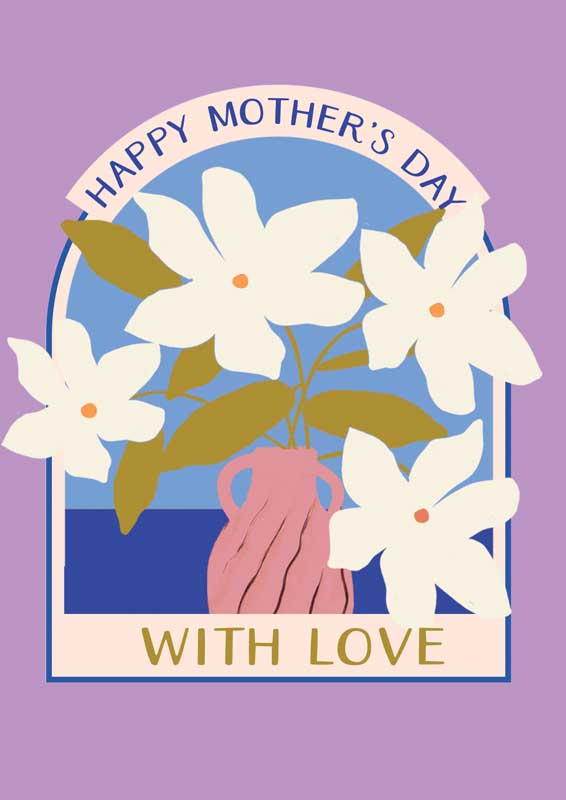 Vase Of Flowers With Love Charming greetings card with woman's hand holding vibrant flowers on cozy purple background, perfect for Mother's Day.