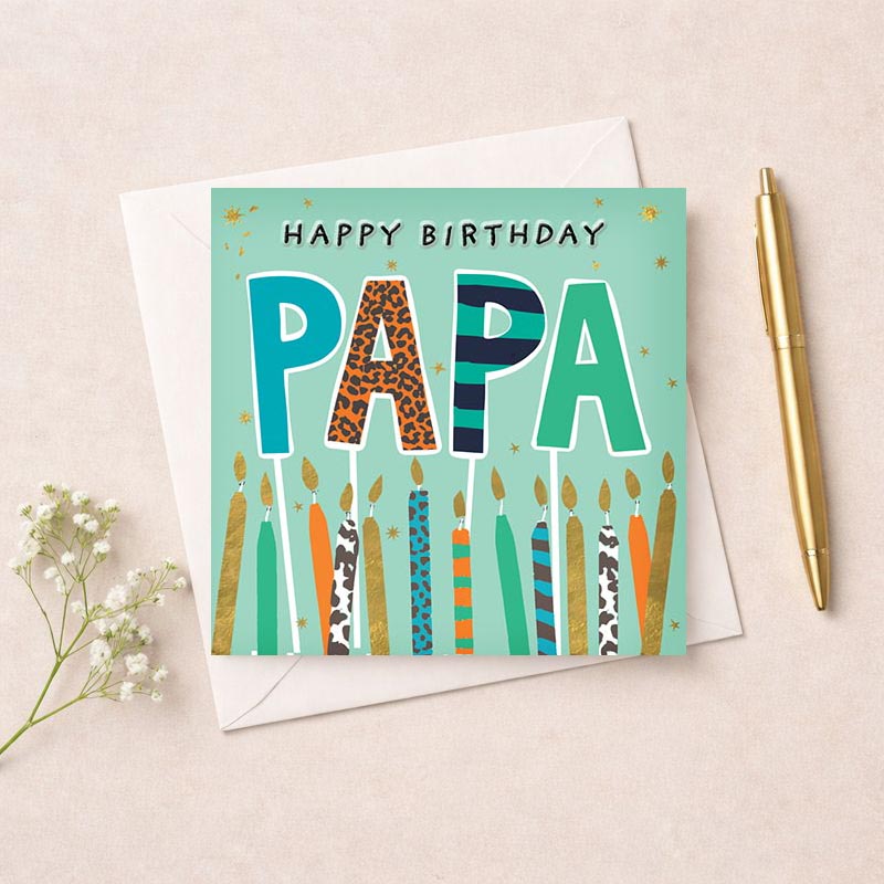 Birthday card with candles and leopard print design, perfect for sending warm wishes to someone dear. Joyful and stylish.