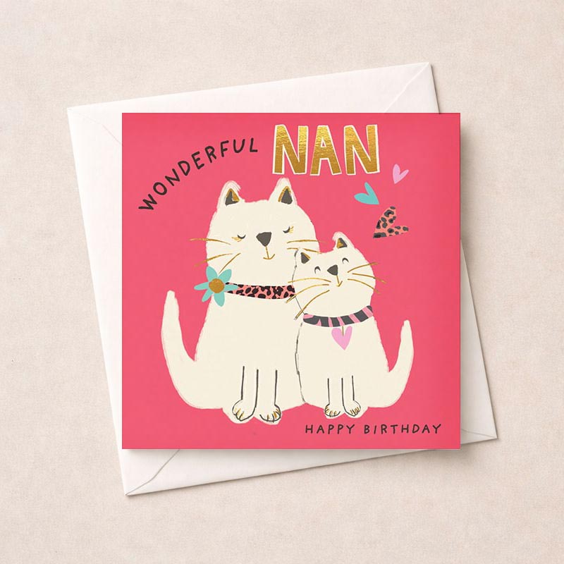 Adorable greetings card with two cats playing with a butterfly on a pink background. Ideal for cat lovers or anyone who enjoys playful illustrations. Perfect for birthdays, thank yous, or spreading joy.