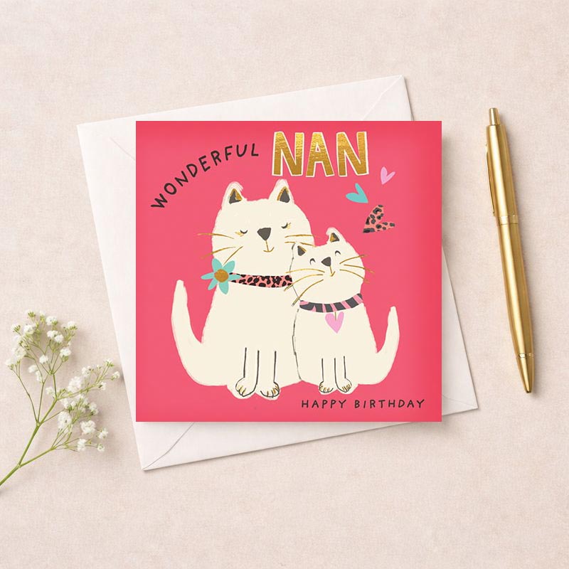 Adorable greetings card with two cats playing with a butterfly on a pink background. Ideal for cat lovers or anyone who enjoys playful illustrations. Perfect for birthdays, thank yous, or spreading joy.