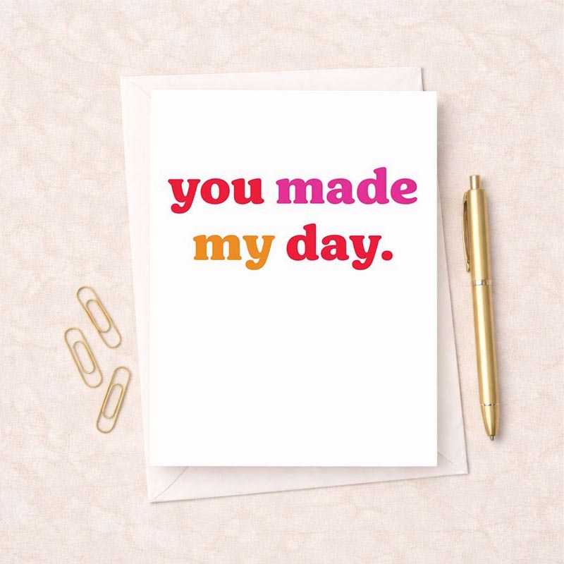 Cheerful dog card: "You made my day." Perfect for spreading joy and showing you care. Bright, playful design for any occasion.