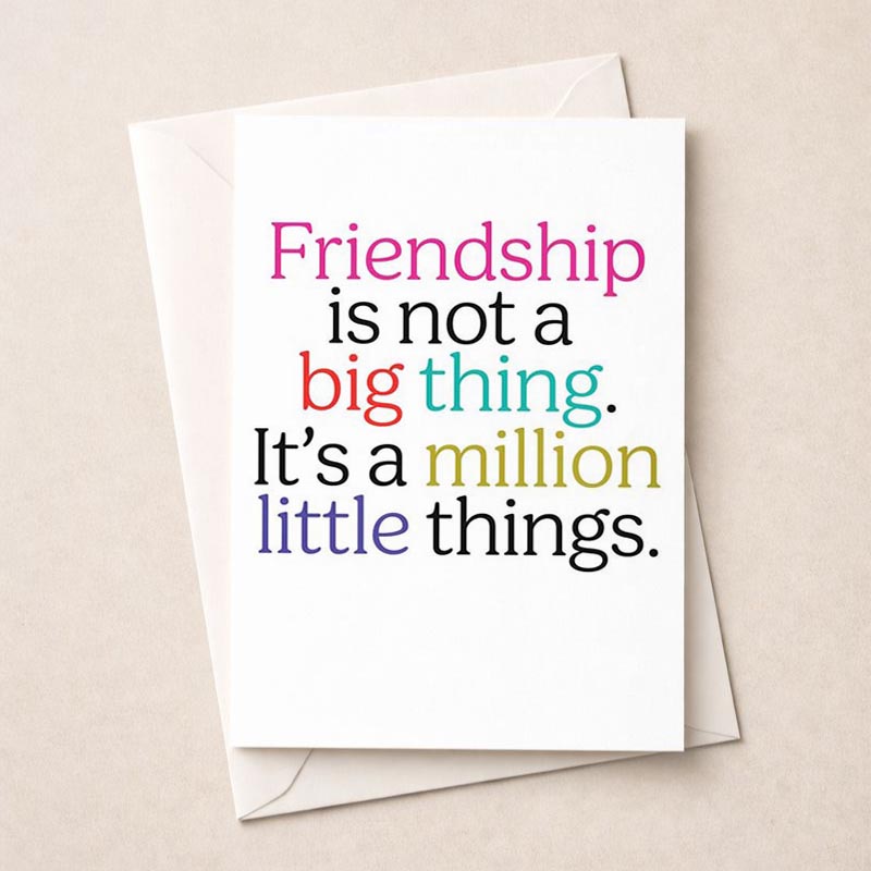 Charming greetings card with quote on friendship, warm colours, stylish font. Perfect for showing friends you care.