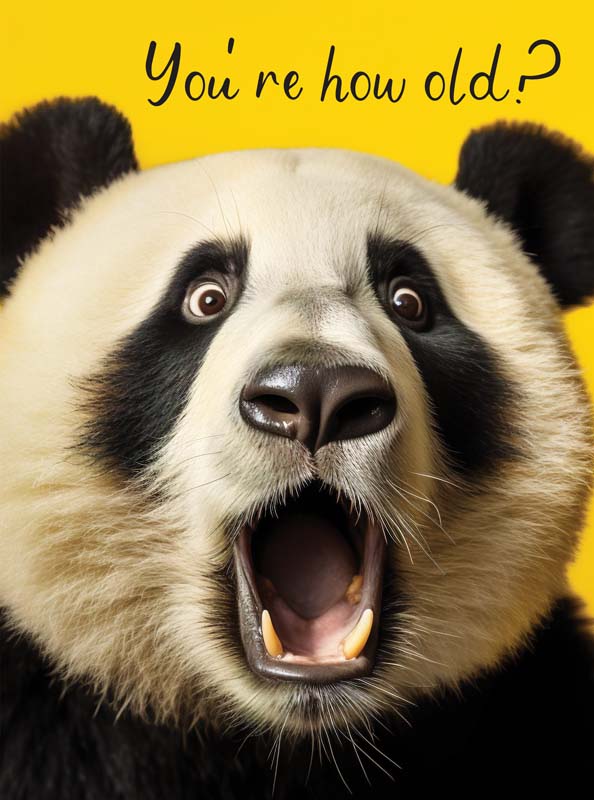 Cheerful panda greetings card on yellow background, perfect for sending warm wishes to friends and family.