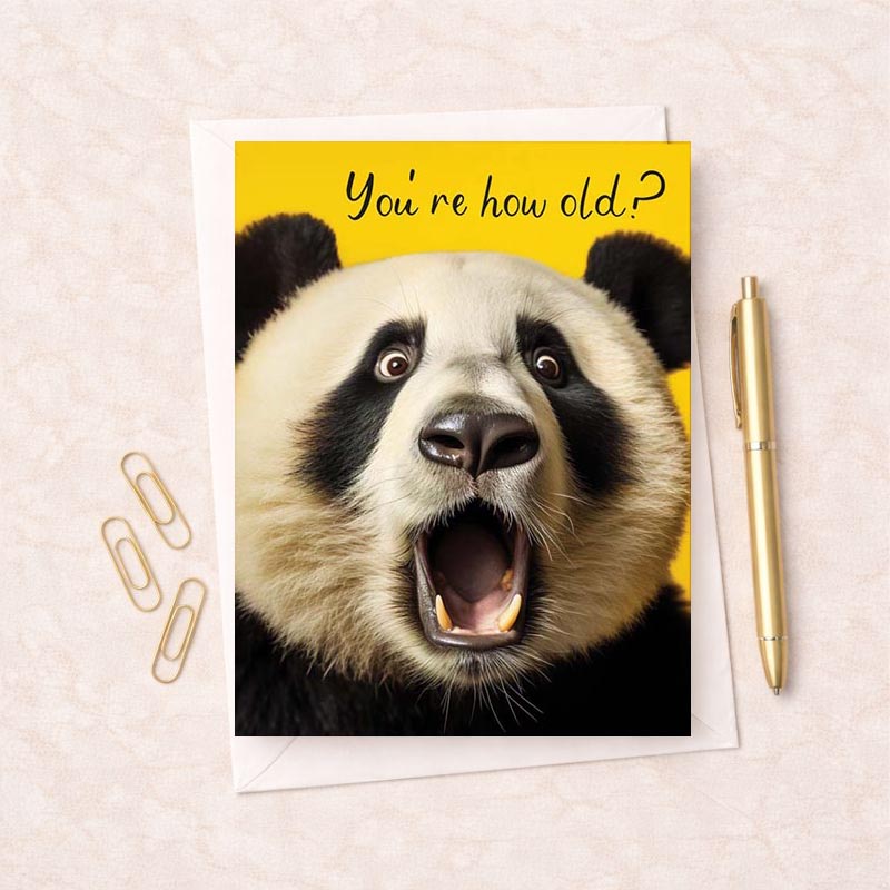 Cheerful panda greetings card on yellow background, perfect for sending warm wishes to friends and family.