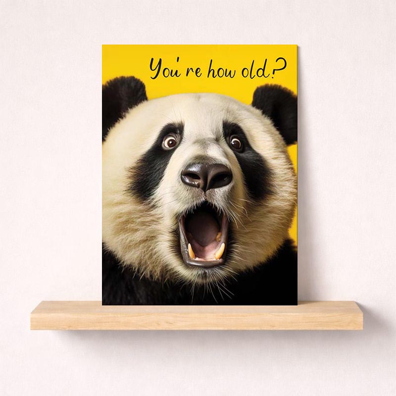 Cheerful panda greetings card on yellow background, perfect for sending warm wishes to friends and family.