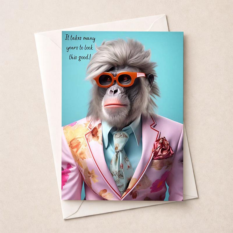 Cheeky monkey in suit and sunglasses greetings card for a playful touch. Brighten someone's day with this quirky design!