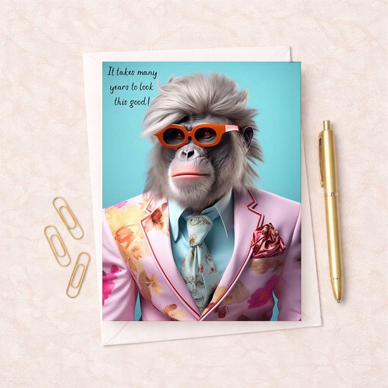 Cheeky monkey in suit and sunglasses greetings card for a playful touch. Brighten someone's day with this quirky design!