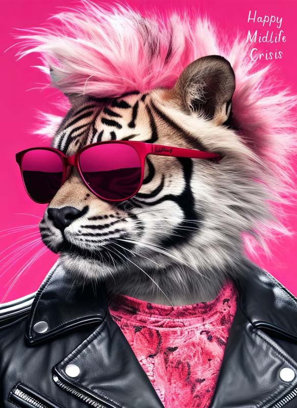 A trendy tiger in a leather jacket and sunglasses on a greetings card, adding fun and edgy vibes to any occasion. Perfect for cool friends and family.