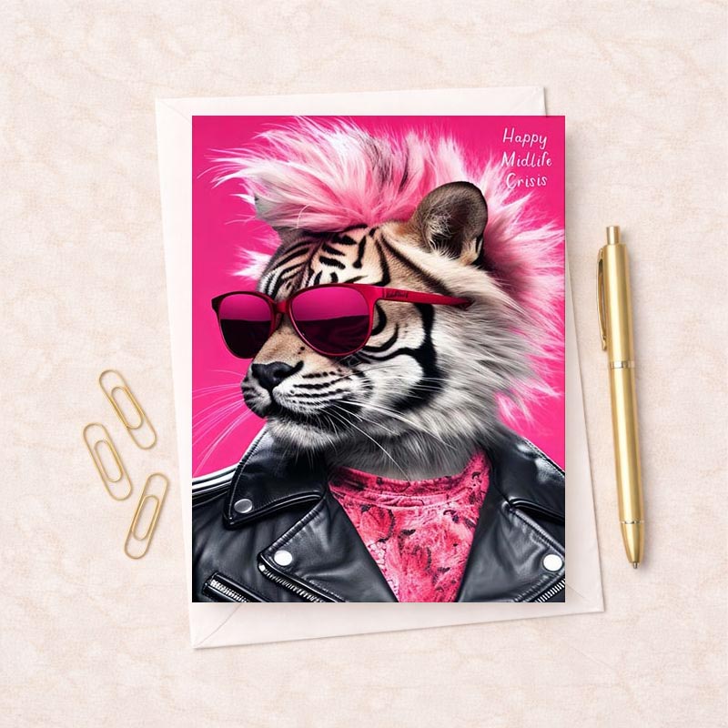 A trendy tiger in a leather jacket and sunglasses on a greetings card, adding fun and edgy vibes to any occasion. Perfect for cool friends and family.