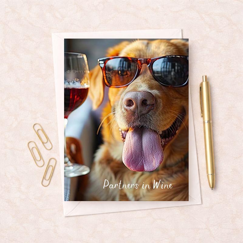 Cute dog with sunglasses and wine glass on vibrant greetings card. Perfect for dog lovers. Spread joy and cheer!