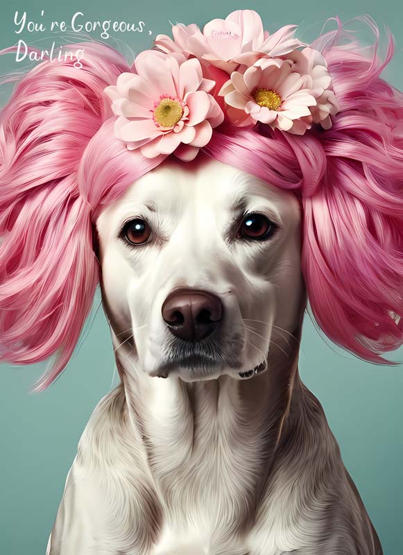 Cheerful dog card with pink hair and flowers, perfect for sending well wishes or a simple hello. Spread joy with this cute design!