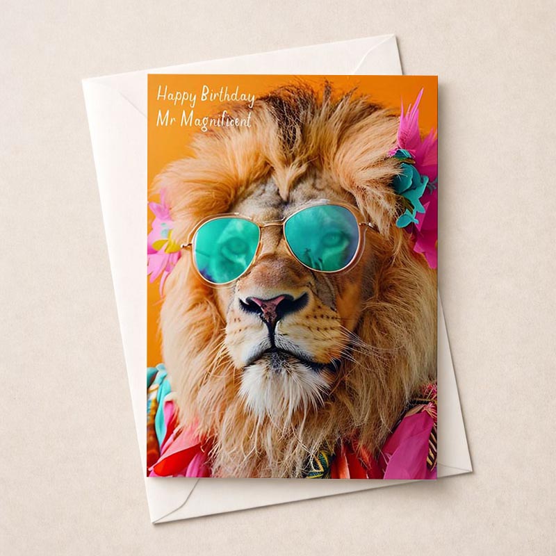 Vibrant lion card with sunglasses and flower headband, perfect for quirky greetings. Cool and playful design to bring a smile. Great for birthdays or just saying hello!