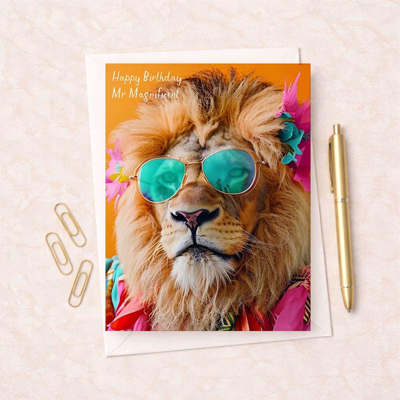 Vibrant lion card with sunglasses and flower headband, perfect for quirky greetings. Cool and playful design to bring a smile. Great for birthdays or just saying hello!