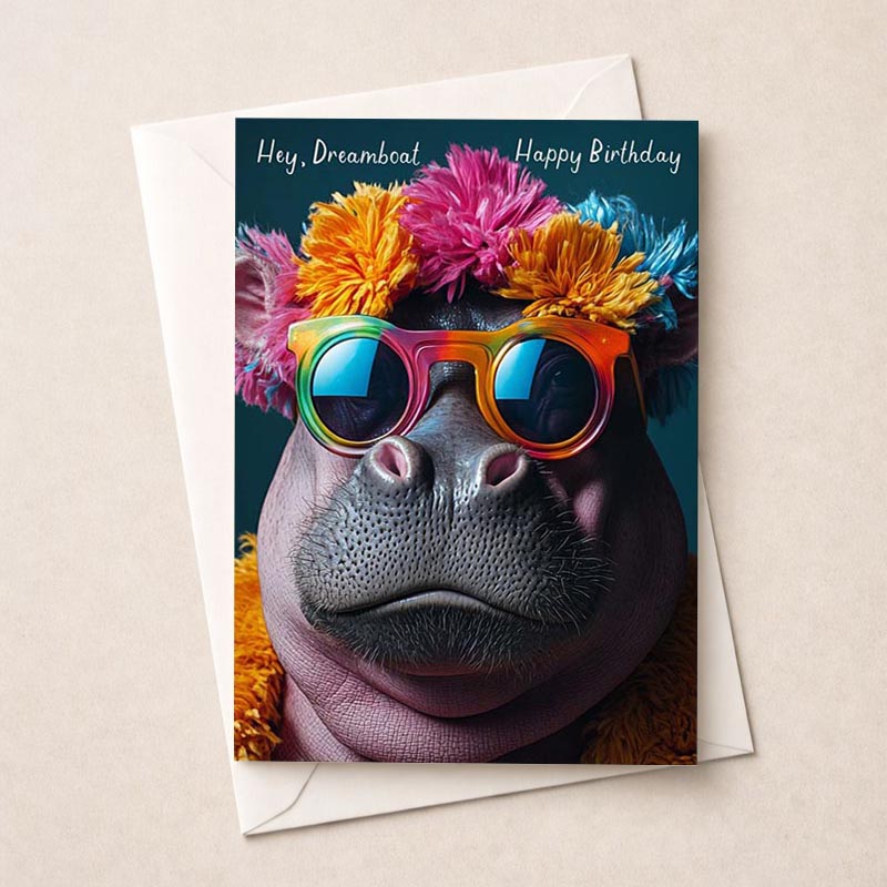 Colorful greetings card featuring a cool hippo wearing sunglasses and a vibrant hat, spreading good vibes. Perfect for fun-loving friends and family.