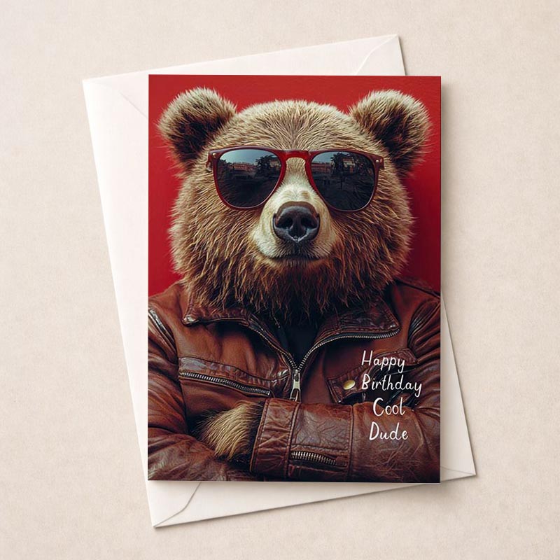 Birthday greetings card with stylish bear in sunglasses and leather jacket, perfect for cool dudes who love attitude and humor.