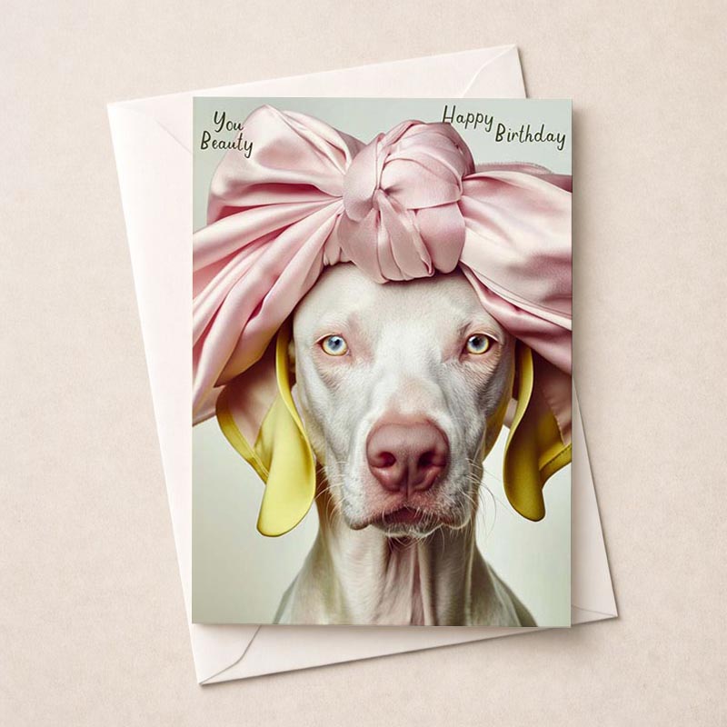Adorable dog with pink bow greetings card, perfect for any occasion.