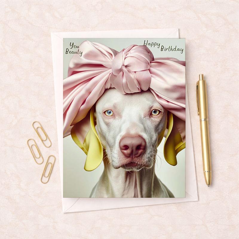 Adorable dog with pink bow greetings card, perfect for any occasion.