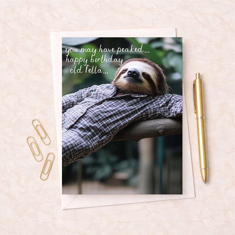 Cute sloth on log in shirt greetings card perfect for birthdays and thank you notes. Brighten someone's day with this charming design.