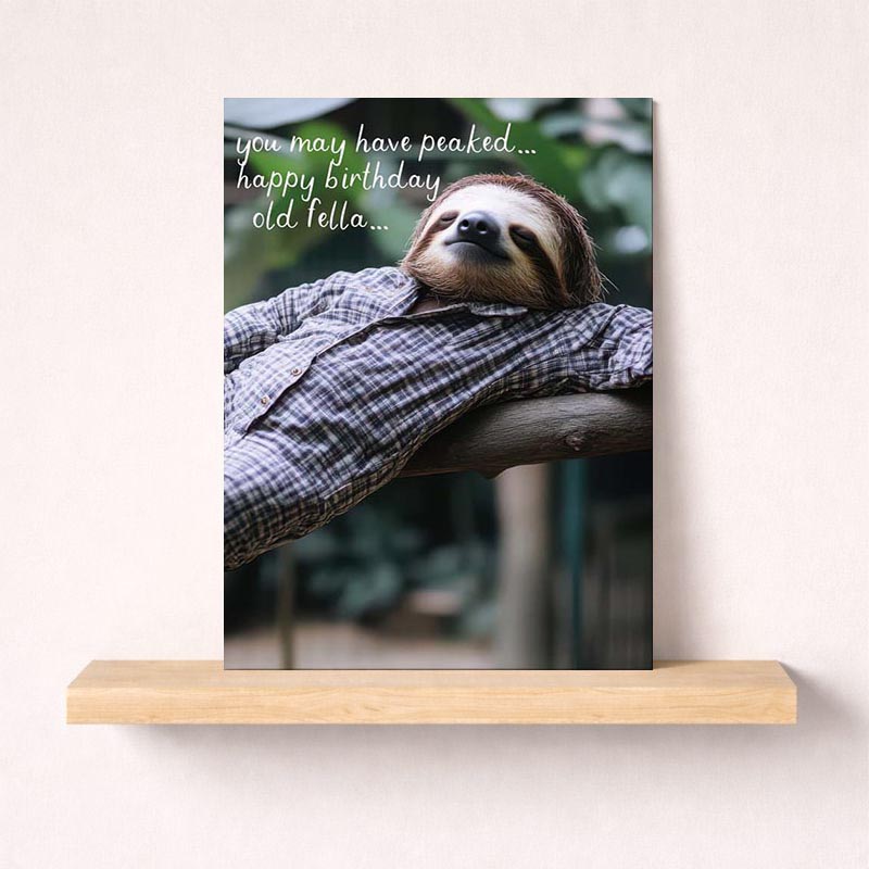 Cute sloth on log in shirt greetings card perfect for birthdays and thank you notes. Brighten someone's day with this charming design.