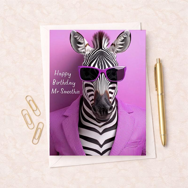 Quirky zebra in sunglasses and suit birthday greetings card. Cool style for animal lovers and humour enthusiasts. Happy Birthday message. Make someone's day!