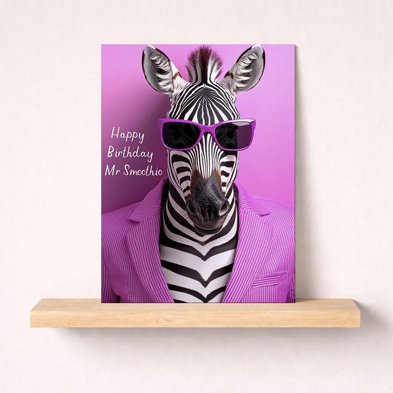 Quirky zebra in sunglasses and suit birthday greetings card. Cool style for animal lovers and humour enthusiasts. Happy Birthday message. Make someone's day!
