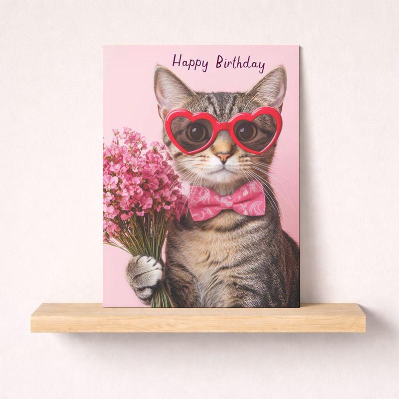 Charming cat in heart glasses with flowers on greetings card. Perfect for birthdays or sending love and cheer to a friend.