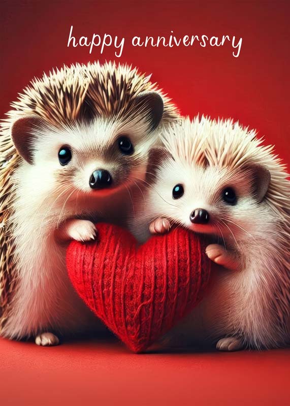 Cute hedgehogs holding heart card for happy anniversary celebrations. Ideal for expressing love and appreciation.