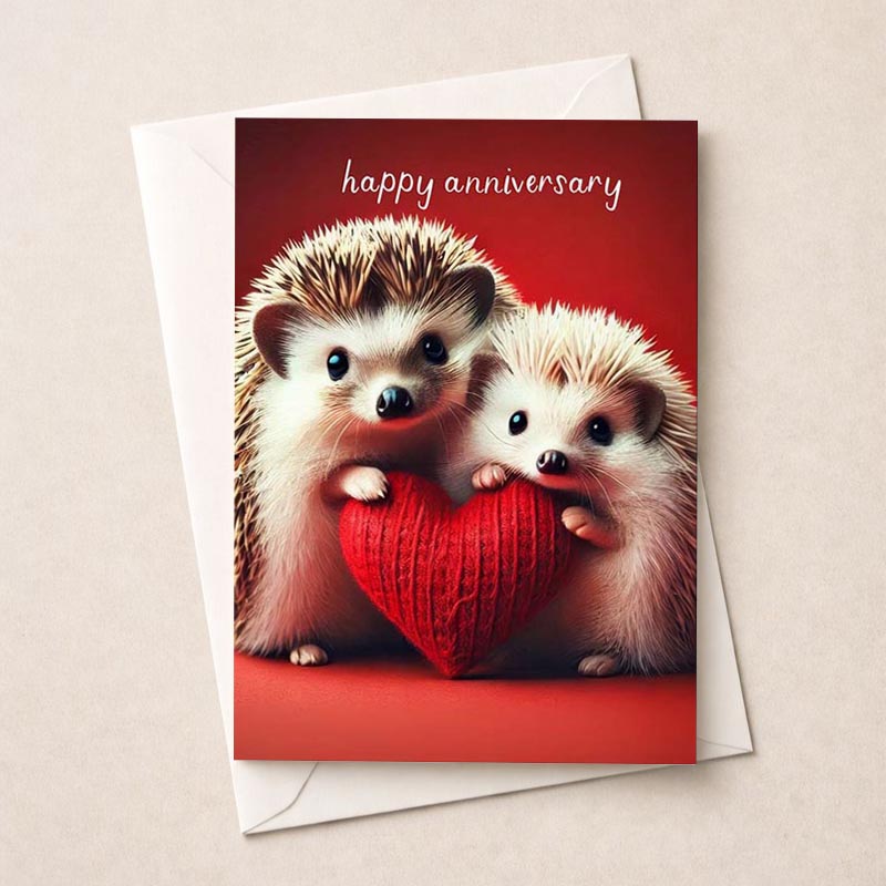 Cute hedgehogs holding heart card for happy anniversary celebrations. Ideal for expressing love and appreciation.