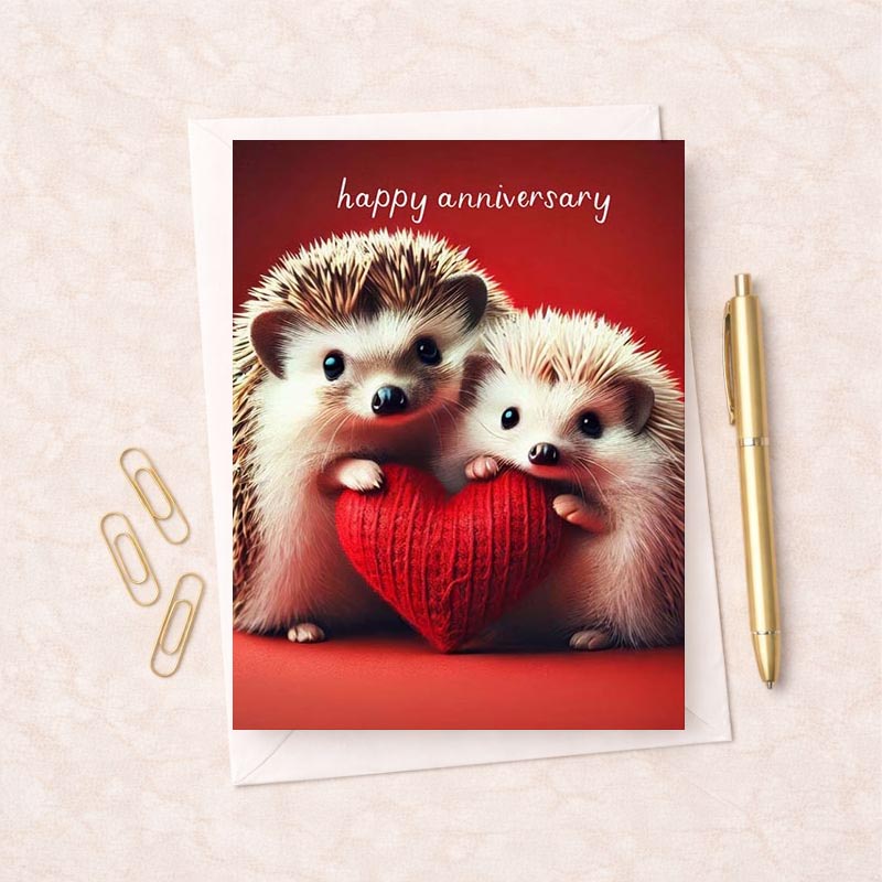 Cute hedgehogs holding heart card for happy anniversary celebrations. Ideal for expressing love and appreciation.