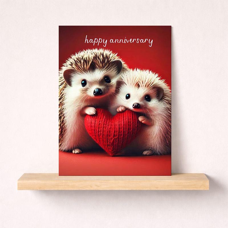 Cute hedgehogs holding heart card for happy anniversary celebrations. Ideal for expressing love and appreciation.